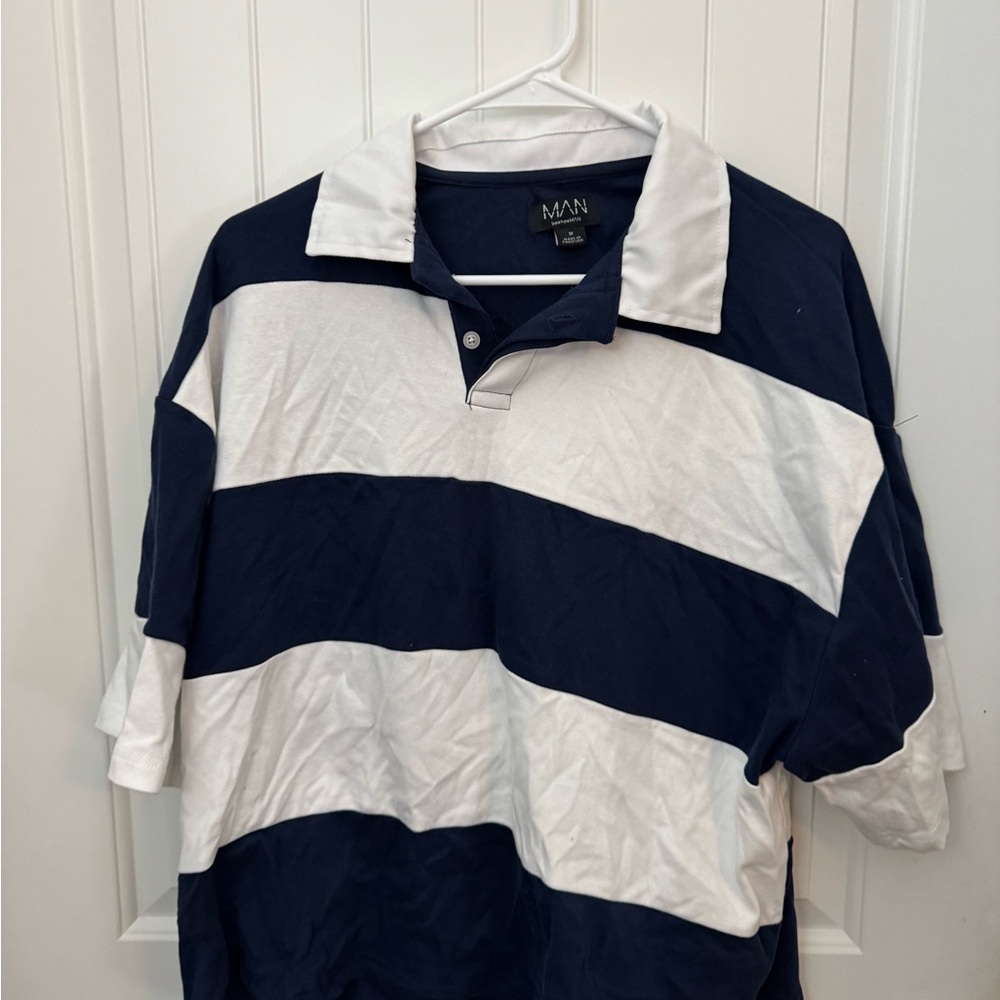 Boohoo Mens Navy and White Striped Polo Shirt